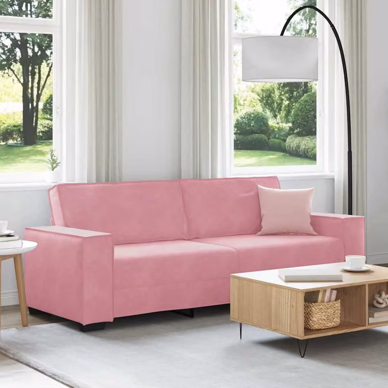 Divano a 3 posti vidaXL in velluto rosa con cuscini, L: 220 cm, P: 78 cm, H: 84 cm