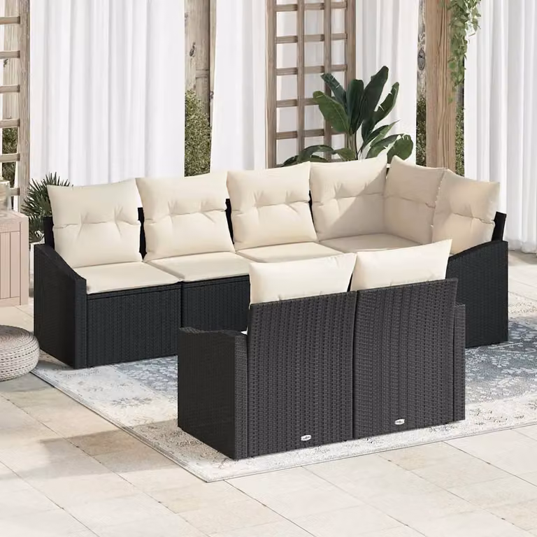 Set Divano da Giardino vidaXL 7 Pezzi in Polyrattan con Cuscini Nero e Bianco
