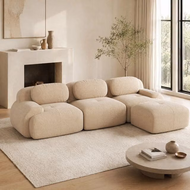 Divano angolare modulare senza montaggio in velluto a coste beige 298×178×70 cm