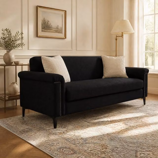 Divano 2 posti stile scandinavo 172×72×82 cm in tessuto di lino nero