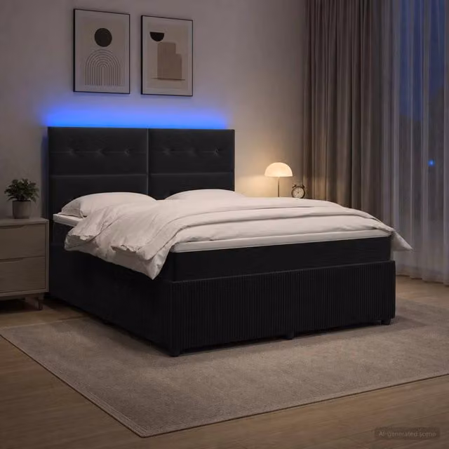 Letto Box Spring vidaXL in Velluto Nero con Materasso Ibrido e Illuminazione LED sotto il letto, con Porte USB e Base a Sollevamento, L/P: 160 x 200 cm