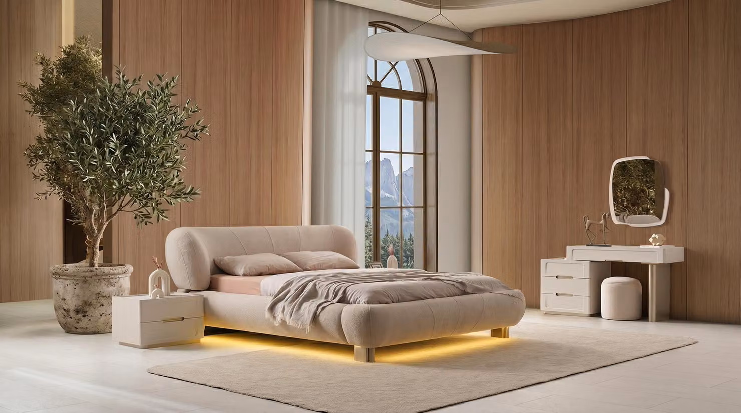 Set per camera da letto: letto, 2 comodini, tavolino da trucco, specchio, colore bianco, stile moderno