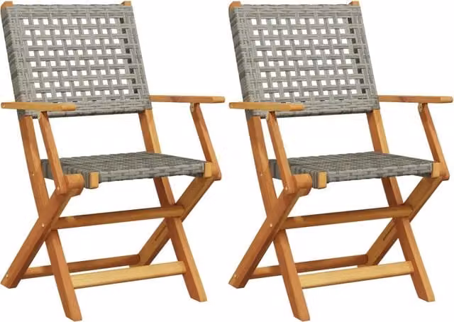 Set di 2 sedie da giardino moderne in legno di acacia oliato e polyrattan grigio con braccioli