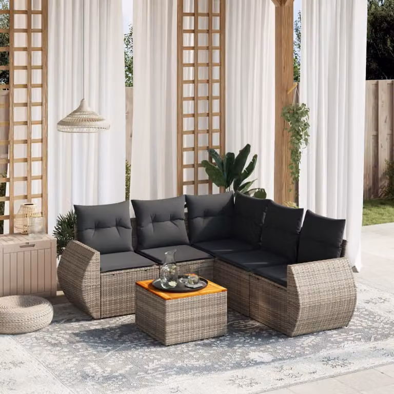 Set Divano da Giardino a L vidaXL in Polyrattan Grigio con 6 Pezzi e Cuscini