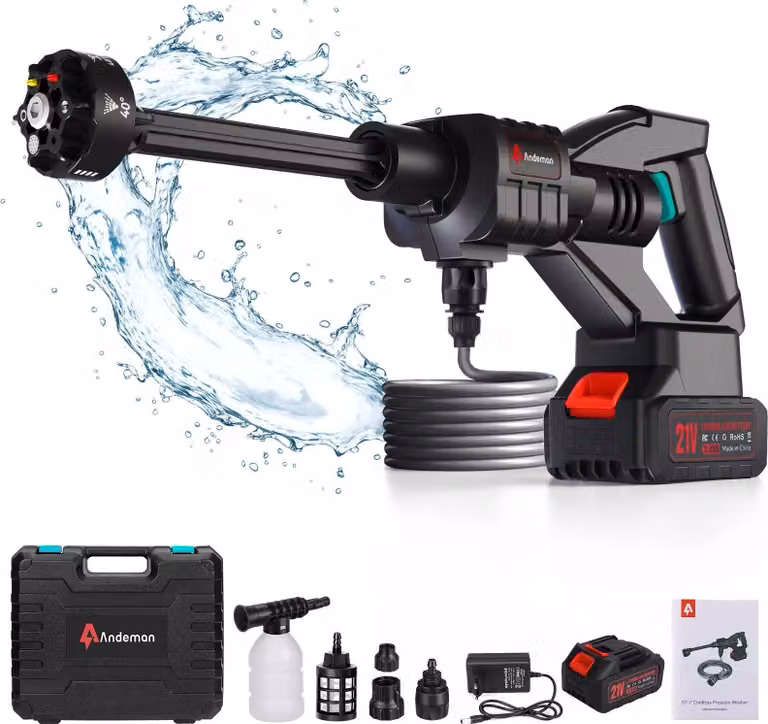 Idropulitrice a batteria - Pistola lavante elettrica ad alta pressione per auto - Motore a induzione - Batteria da 3,0 Ah - Set con 1 batteria