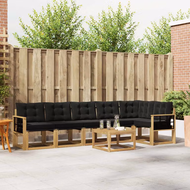Set di divani da esterno vidaXL 7 pz in legno di acacia con cuscini bianchi e neri e tavolino da caffè coordinato