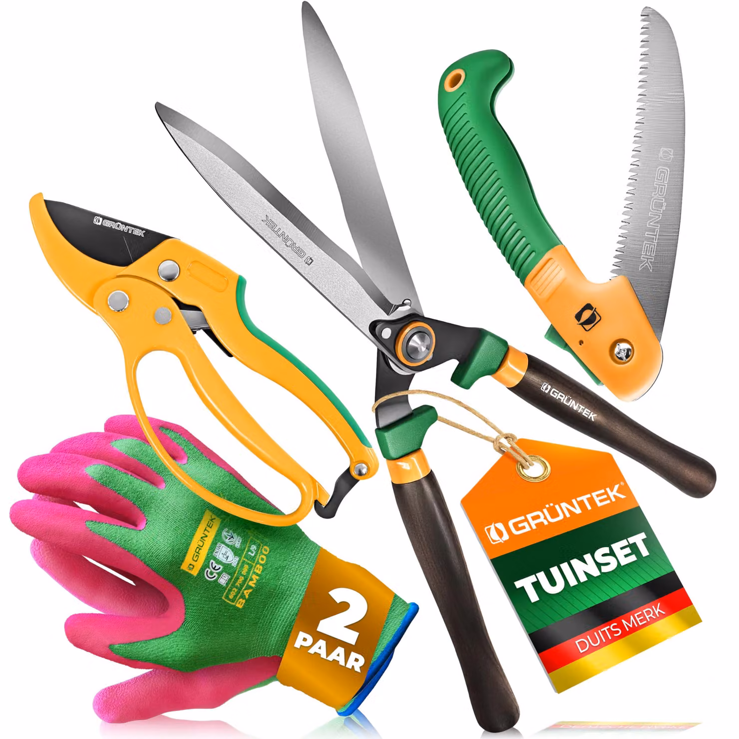 Set di 4 utensili da giardino: cesoie per siepi, sega pieghevole, forbici da giardino e guanti in bambù