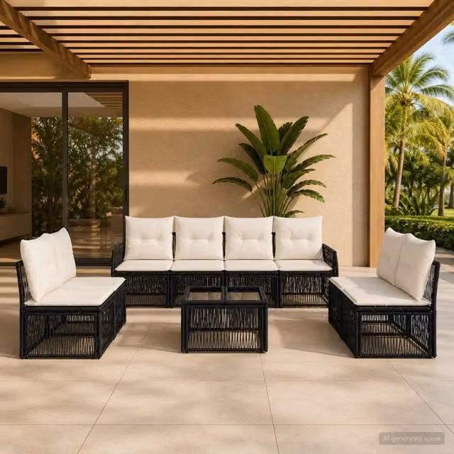 Set da giardino moderno vidaXL composto da 9 pezzi in rattan con struttura in acciaio nero e cuscini bianchi e crema – 1