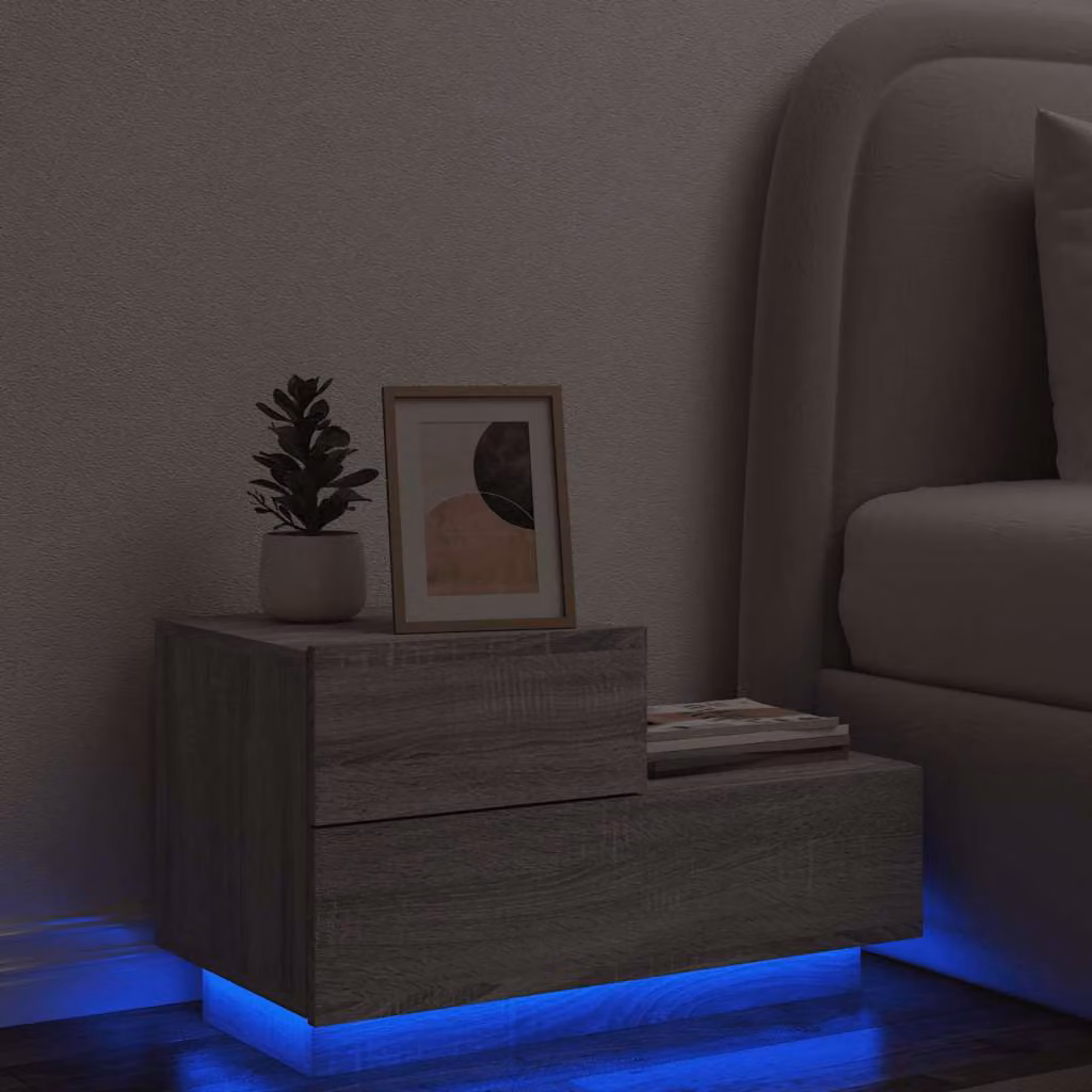 vidaXL Comodino Moderno con Luci LED Grigio Sonoma L: 70 cm, P: 36 cm, H: 40,5 cm