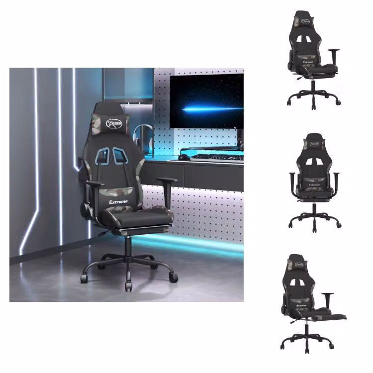 Sedia da gaming vidaXL con massaggio e poggiapiedi, rivestita in tessuto camouflage nero - Sedia da gaming