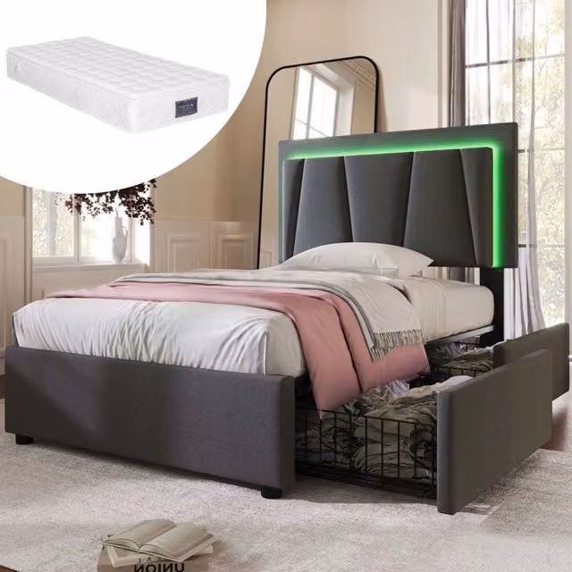 Letto singolo 90x200 cm con materasso, LED, testiera regolabile e 2 cassetti grigio