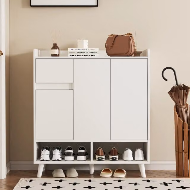 Mobile contenitore moderno bianco con ante a battente e ripiani interni L: 99 cm, H: 90 cm, P: 35 cm