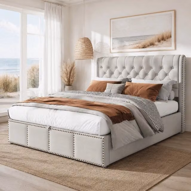 Letto contenitore 140x190 cm grigio in cotonelino, rete a doghe inclusa, senza materasso