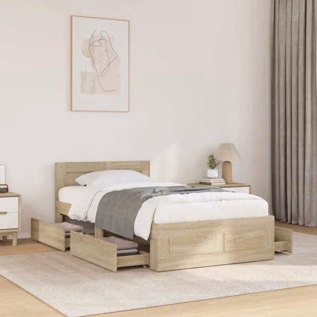 Struttura del letto moderna vidaXL in legno ingegnerizzato color rovere con cassetti L/P/H: 203 x 83 x 69 cm – 1