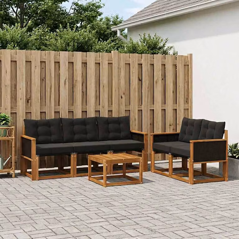 Set di divani da esterno vidaXL 6 pezzi in legno di acacia con tavolino e cuscini, colori beige, nero e marrone