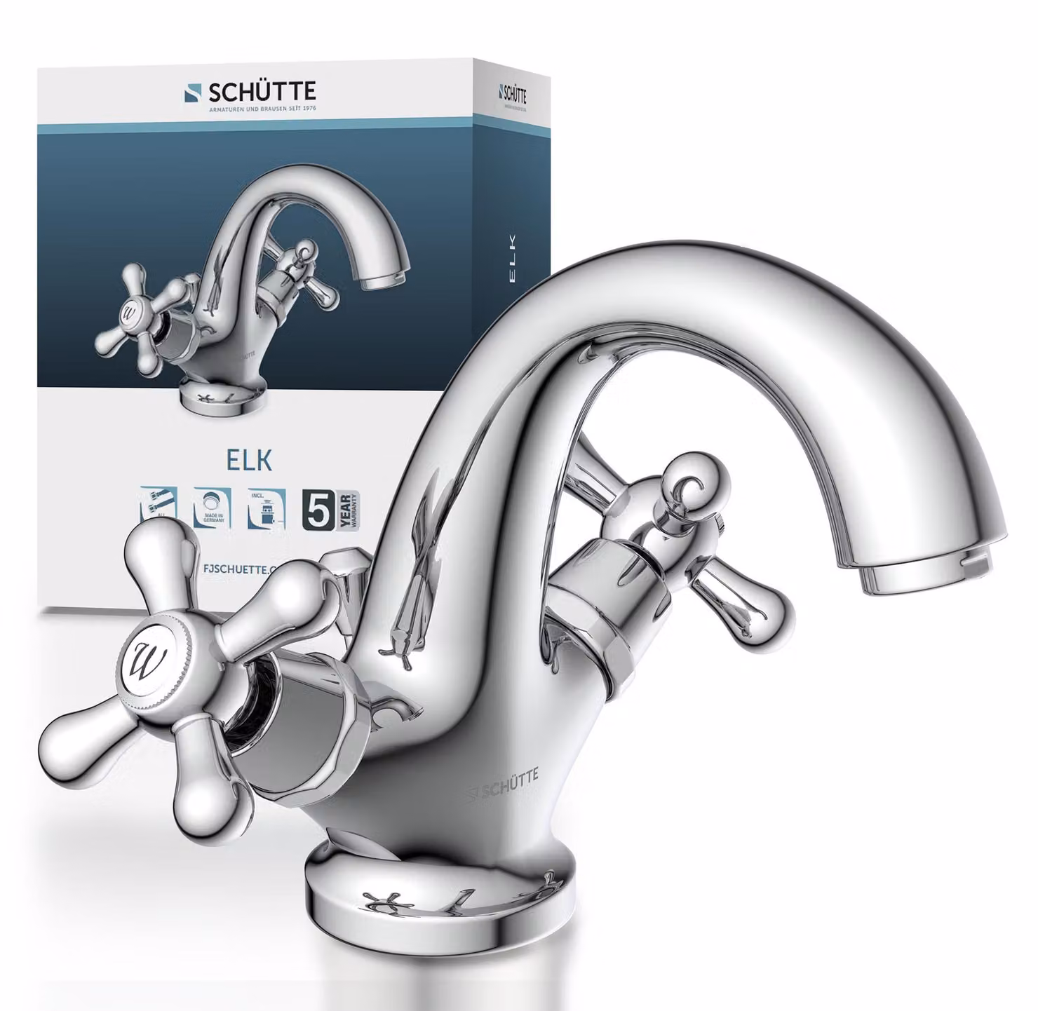 Miscelatore per lavabo SCHÜTTE ELK con tirante, rubinetto da bagno con scarico a scomparsa per lavabo, cromo
