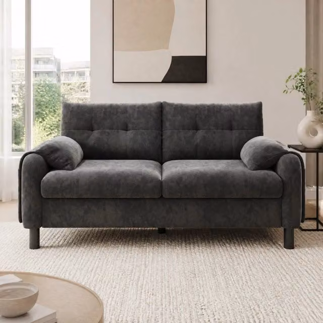 Divano 2 posti modulare 158x80x88;5 cm in tessuto ciniglia grigio con 2 cuscini HOMVRA