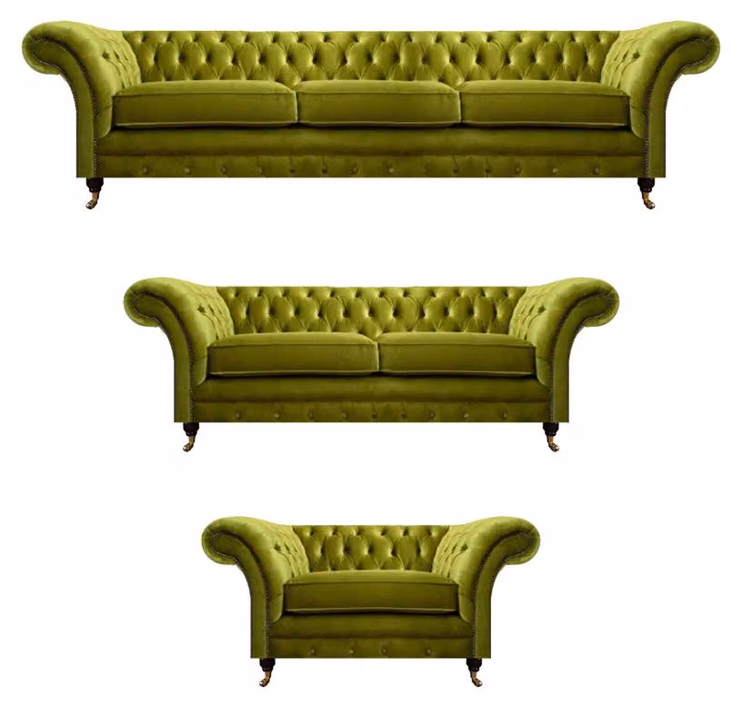 Olivengrüne Chesterfield Garnitur Wohnzimmer Sofagarnitur Luxus Set 3tlg