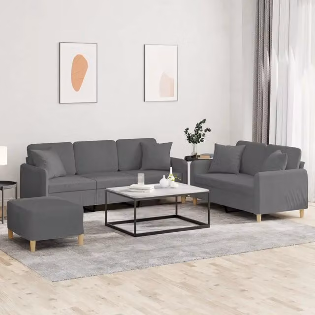 Set di divani moderno vidaXL composto da un divano a 3 posti, un divano a 2 posti e un pouf, rivestito in tessuto grigio con cuscini inclusi