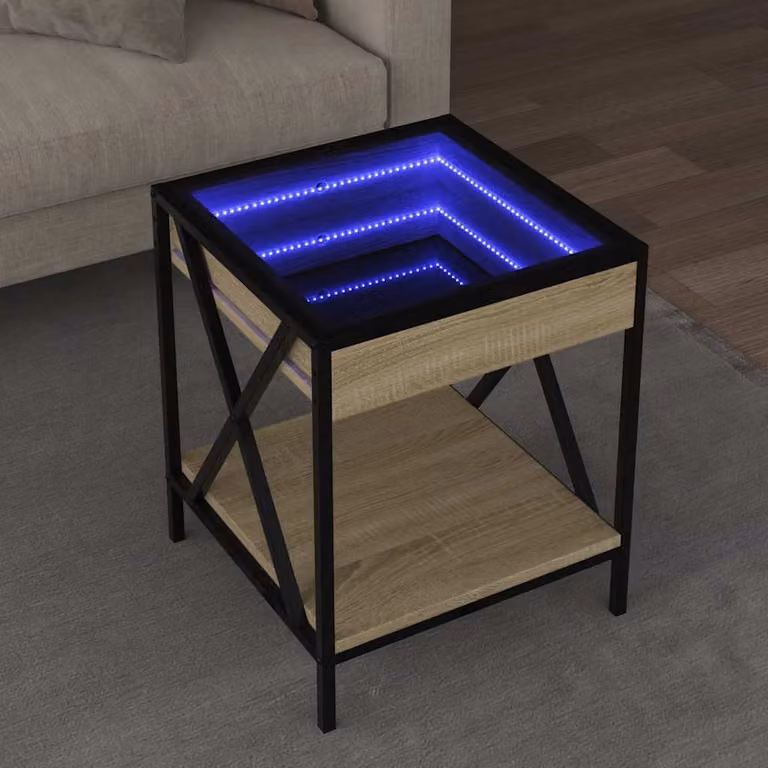 vidaXL Tavolino da Salotto Moderno con LED in Rovere e Vetro, L/P/H: 40 x 40 x 49 cm