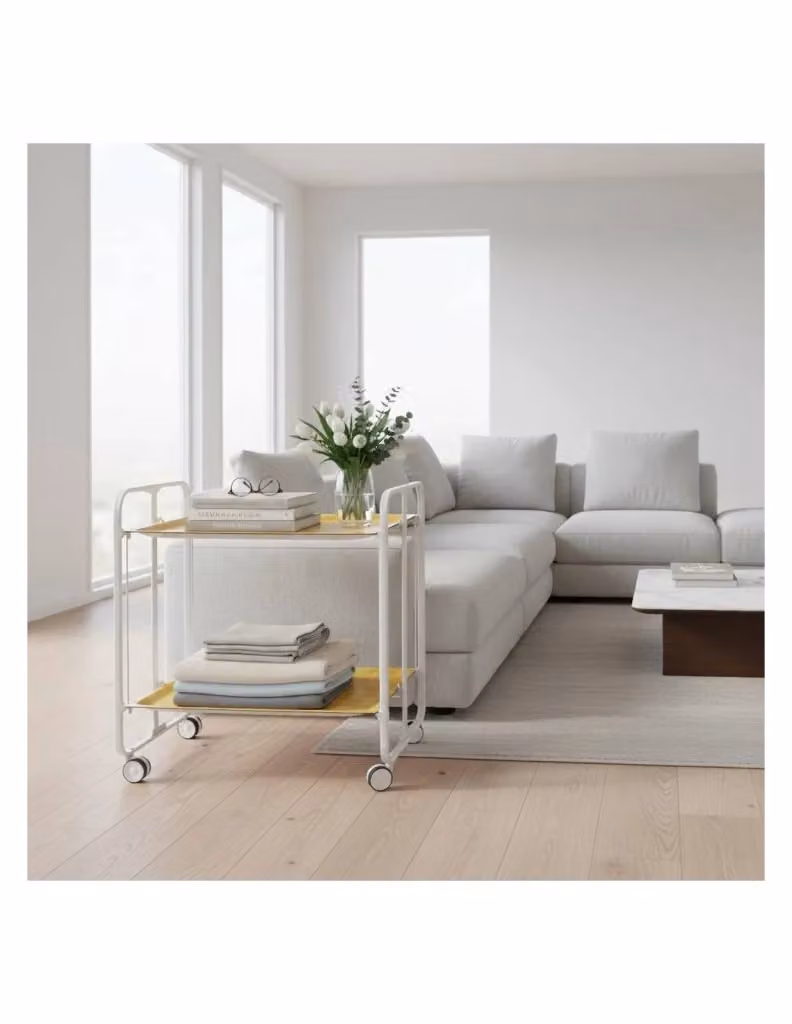 Carrello da cucina pieghevole DON HIERRO con 2 ripiani in MDF laminato bianco e struttura in metallo, H 72,0 cm x L 66,0 cm x P 43,0 cm – 2
