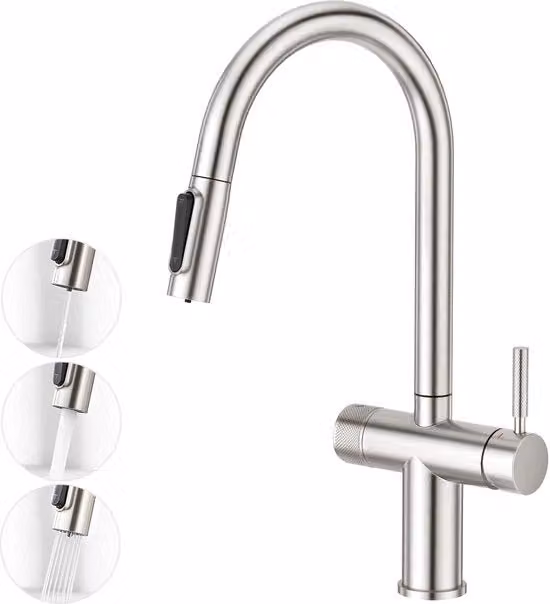 3 viei di cucina con rubinetto estensibile, rubinetto a doppia maniglia, rubinetto di scarico, rubinetto per acqua potabile per installazione osmose, osmose inversa e filtro acqua in acciaio inox lisciato a borchie