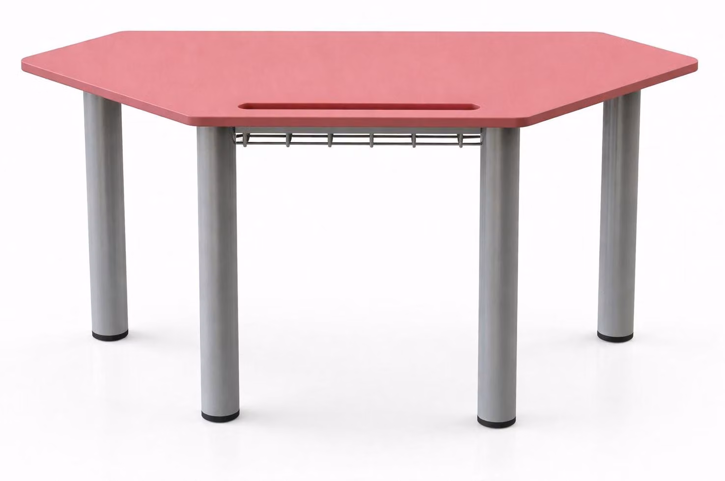 Moderno banco di scuola esagonale con piano rosso e pratico ripiano