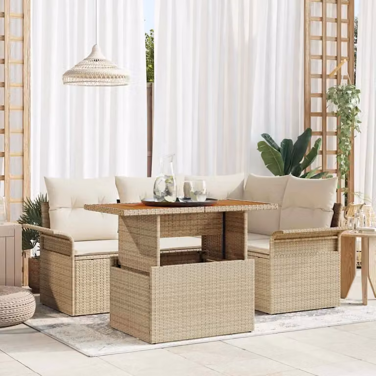 Set Divano da Giardino vidaXL 5 pz beige con Cuscini e Struttura in Acciaio e Legno di Acacia