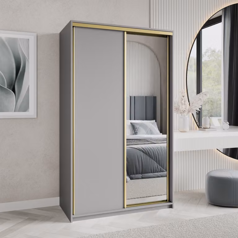 Armadio scorrevole Masseno TAVI 120/205/60 cm Armadio con cassetti Armadio per camera da letto a 2 ante con specchio Colore grafite + oro