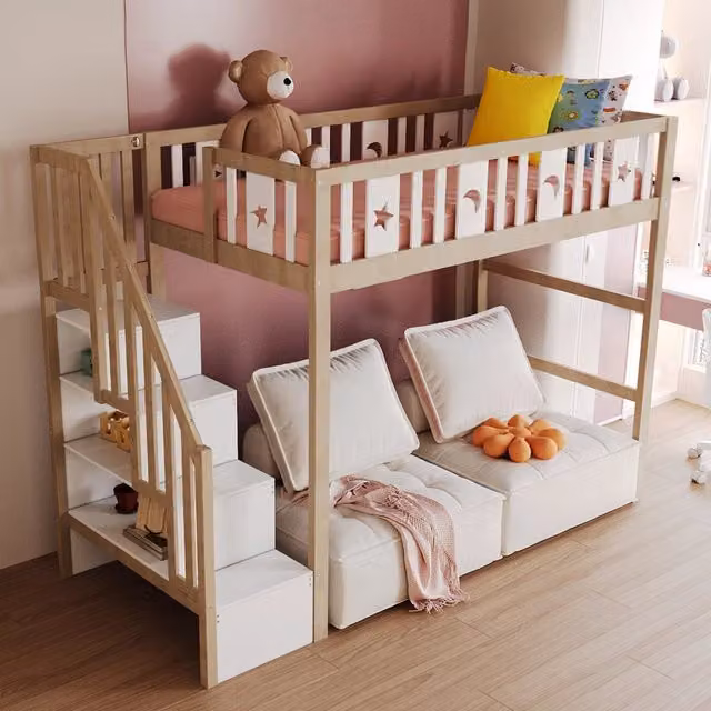 Letto a soppalco singolo Mivray in legno bianco e beige con scala a gradini, ripiani laterali e 15 doghe, L/P/H: 200 x 90 x 171 cm