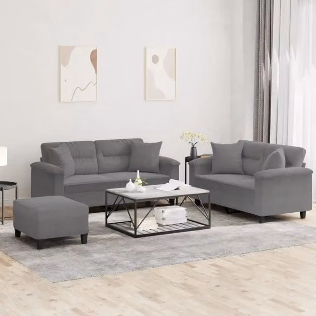 Set di 3 divani vidaXL in microfibra grigio con cuscini per soggiorno in stile moderno
