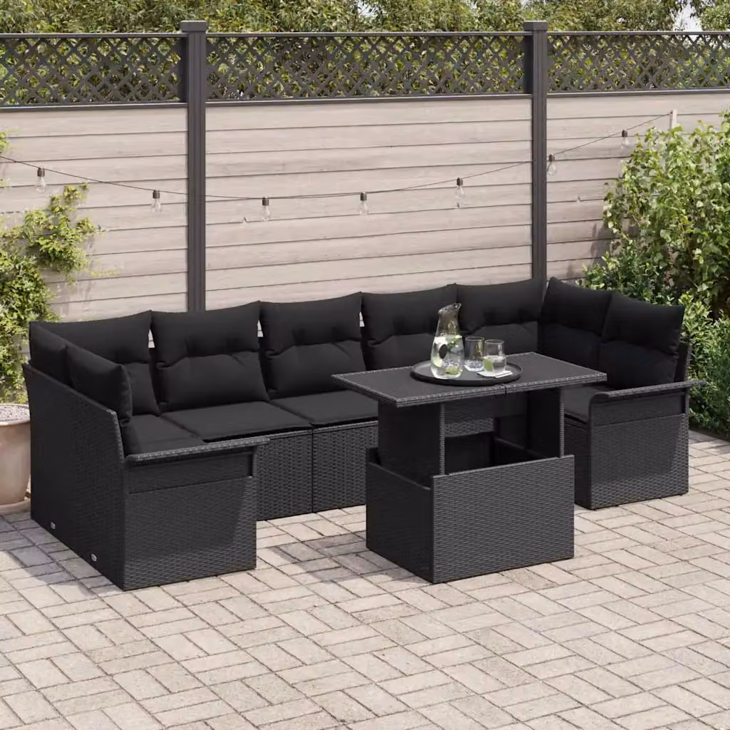 Set Divano da Giardino 8 pz vidaXL in Polyrattan Nero con Cuscini e Tavolino – 1