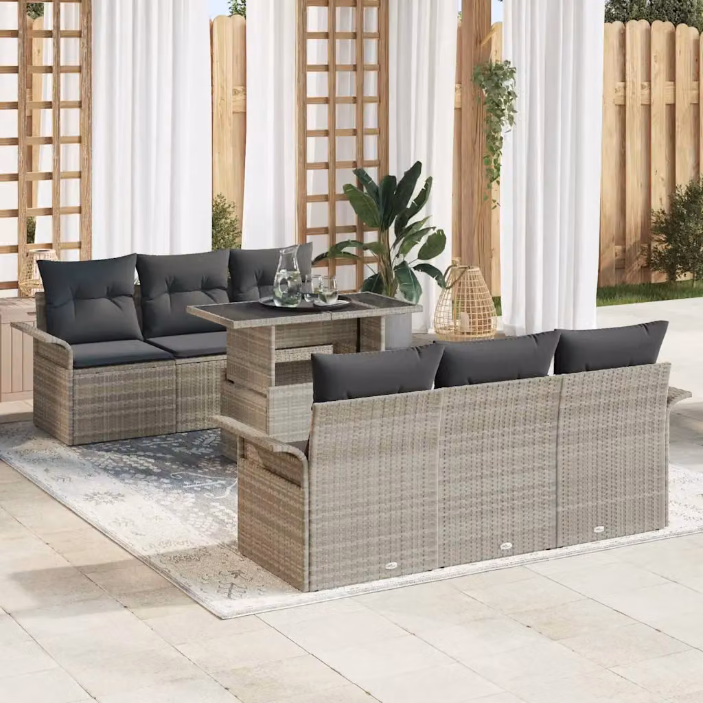 Set Divano da Giardino vidaXL 7 Pezzi Grigio con Tavolino e Cuscini in Polyrattan e Acciaio – 1