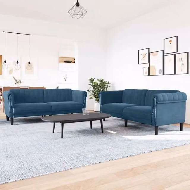 Set di 2 divani moderni vidaXL in velluto blu con struttura in legno massiccio e cuscini inclusi L: 203 cm, P: 77 cm, H: 74 cm