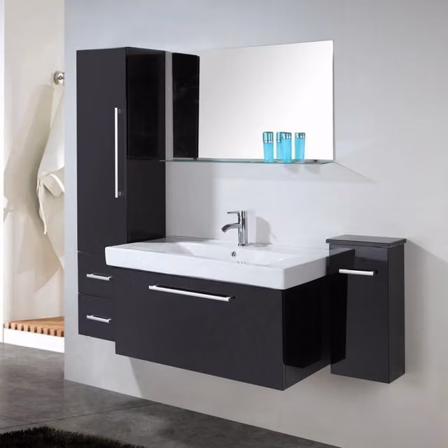 Mobile bagno moderno Simbashopping nero con lavabo, colonna e specchiera in MDF L: 100 cm, P: 48 cm, H: 150 cm – 1