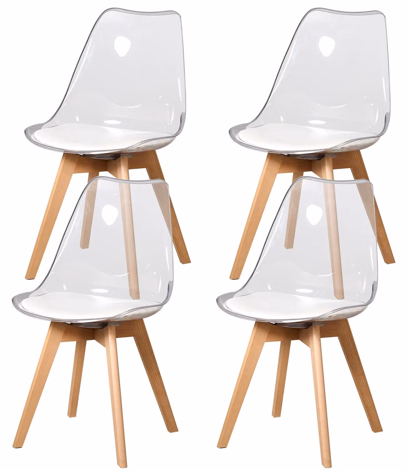 Set di sedie da pranzo - 4 pezzi - Imbottite - Seduta in poliuretano - Struttura in plastica acrilica - Gambe in legno di faggio - Colore: bianco