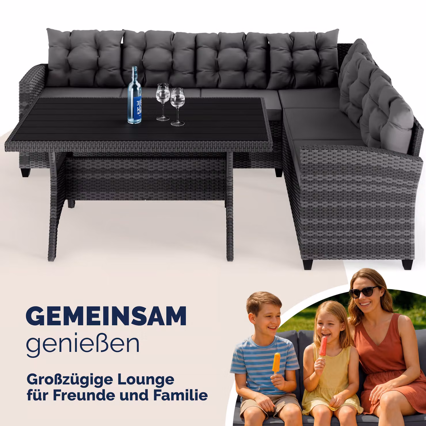 Set da giardino moderno Casaria® Lisbona a forma di L in rattan grigio con divano a 2 posti, tavolino da caffè e cuscini inclusi – 3