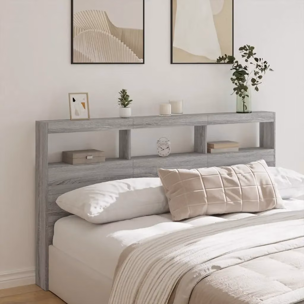 Testiera con contenitore e illuminazione LED Grigio Sonoma con porta USB L: 180 cm, P: 17 cm, H: 102 cm – 2