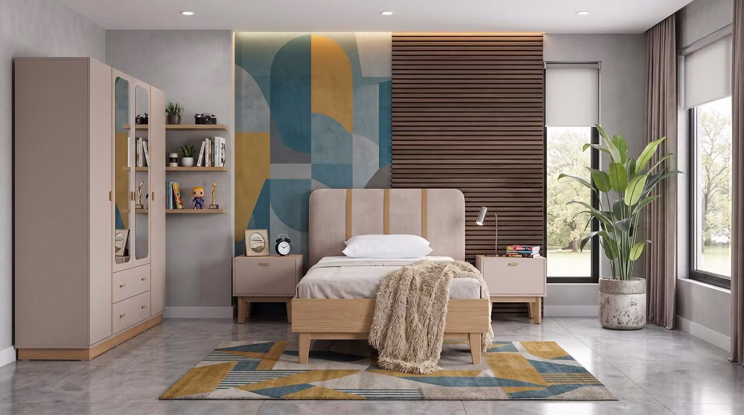 Camera da letto moderna in tonalità beige, composta da letto, armadio, comodini