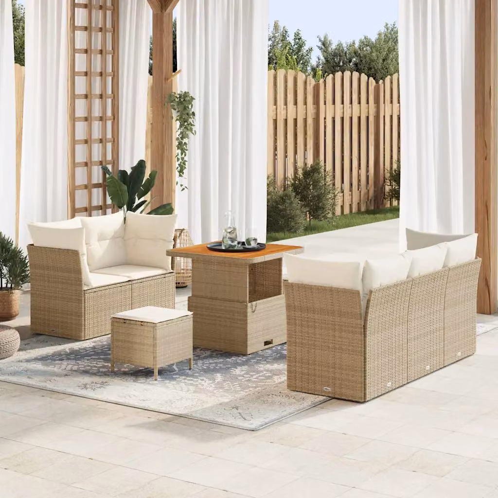 Set Divano da Giardino vidaXL 8 Pezzi a Forma di L con Tavolino, Ottoman e Cuscini, Colore Beige e Bianco – 1
