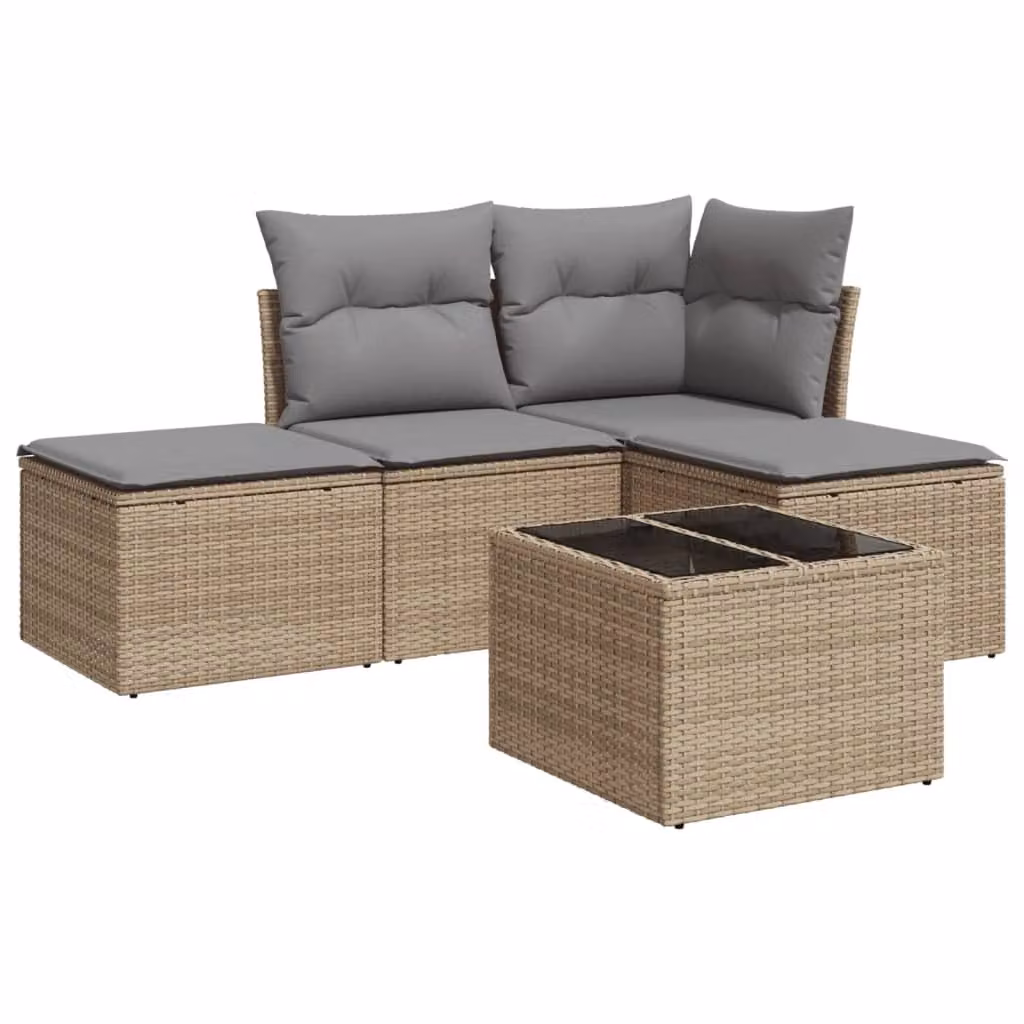 Set Divano da Giardino 5 pz con Cuscini Beige in Polyrattan