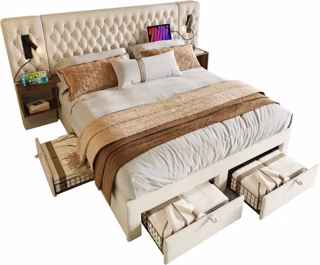 Letto matrimoniale 160×200 cm con 4 cassetti, comodini, luci da lettura USB e porte tipo C, materasso incluso beige