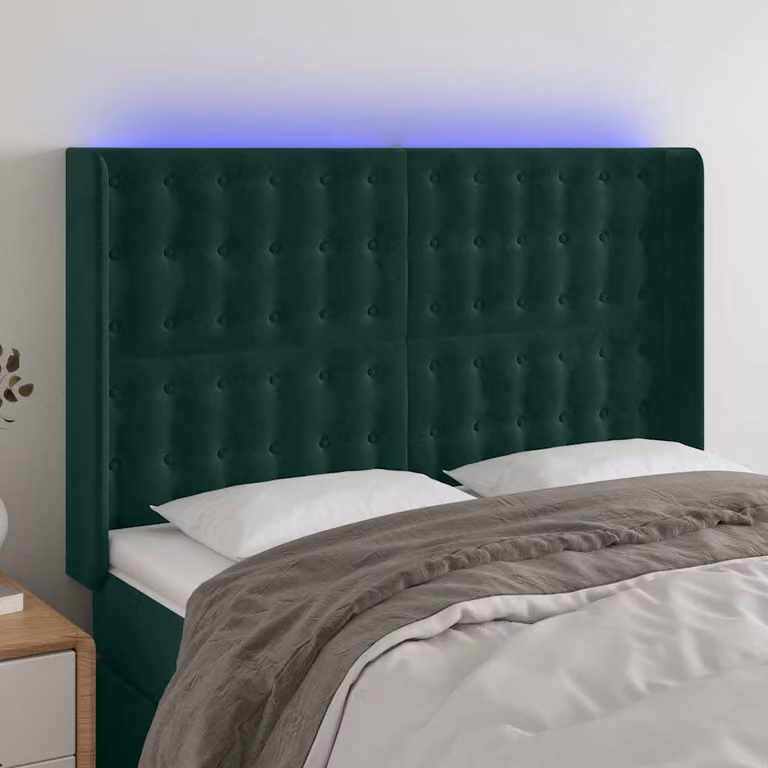 Testiera per letto vidaXL in velluto verde scuro con illuminazione LED e porta di ricarica USB, L/P/H: 147 x 16 x 118/128 cm