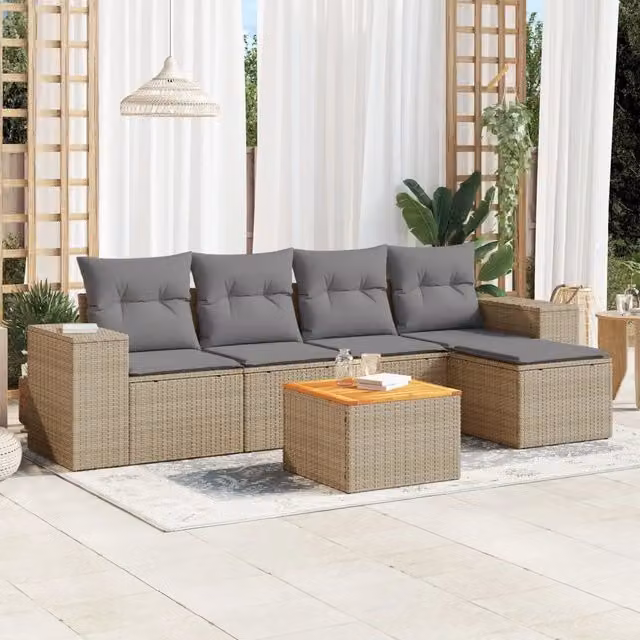 Set Divano da Giardino 6 pz con Cuscini-Sofa da Giardino-Divanetto da esterno Beige in Polyrattan 247439