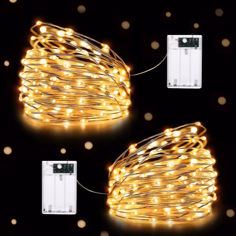 Catene luminose da 10 metri, 100 LED, luce bianco caldo, alimentate a batteria, confezione da 2