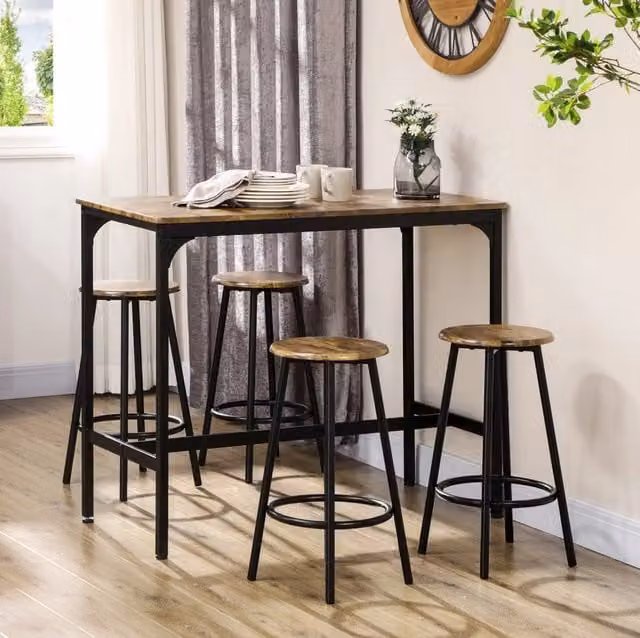 Set tavolo bar con 4 sgabelli, stile industriale, marrone e metallo