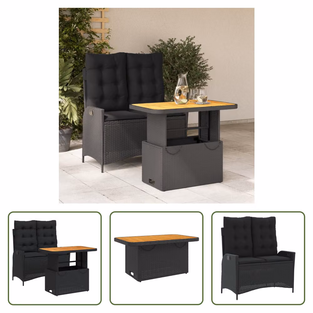 The Living Store Set da pranzo da giardino a 2 pezzi con cuscini in poly rattan nero