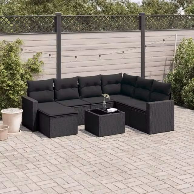Set Divani da Giardino con Cuscini 8 pz Nero in Polyrattan 3219295