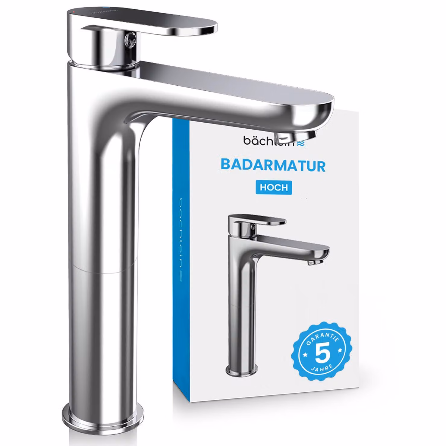 Rubinetto da bagno alto Bächlein dal design classico, miscelatore monocomando extra alto per lavabo da appoggio con set di installazione, rubinetto da bagno cromato