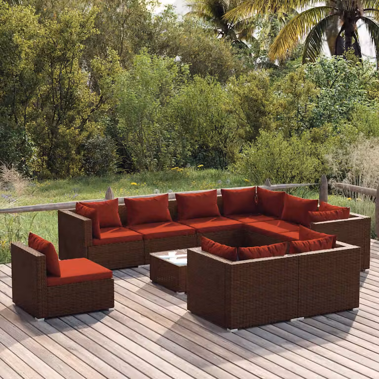Set Divani da Giardino vidaXL 10 Pezzi a Forma di U con Cuscini e Tavolino, Polyrattan Marrone e Rosso con Struttura in Acciaio Verniciato a Polvere